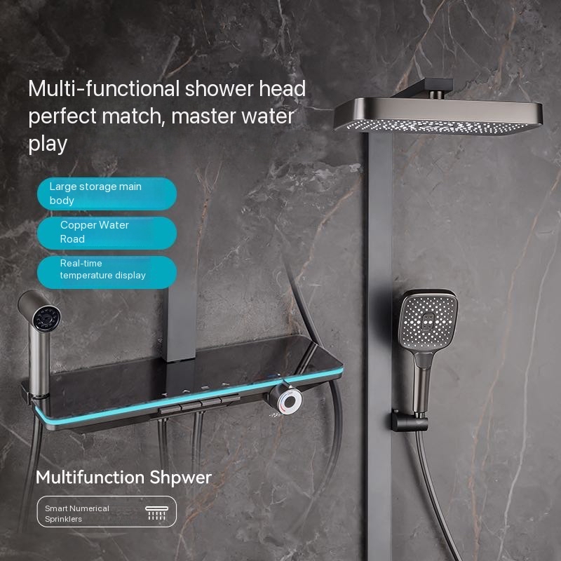 Nozzle Brass - Gri Piyano Düğmeli Ortam Işıklı Banyo